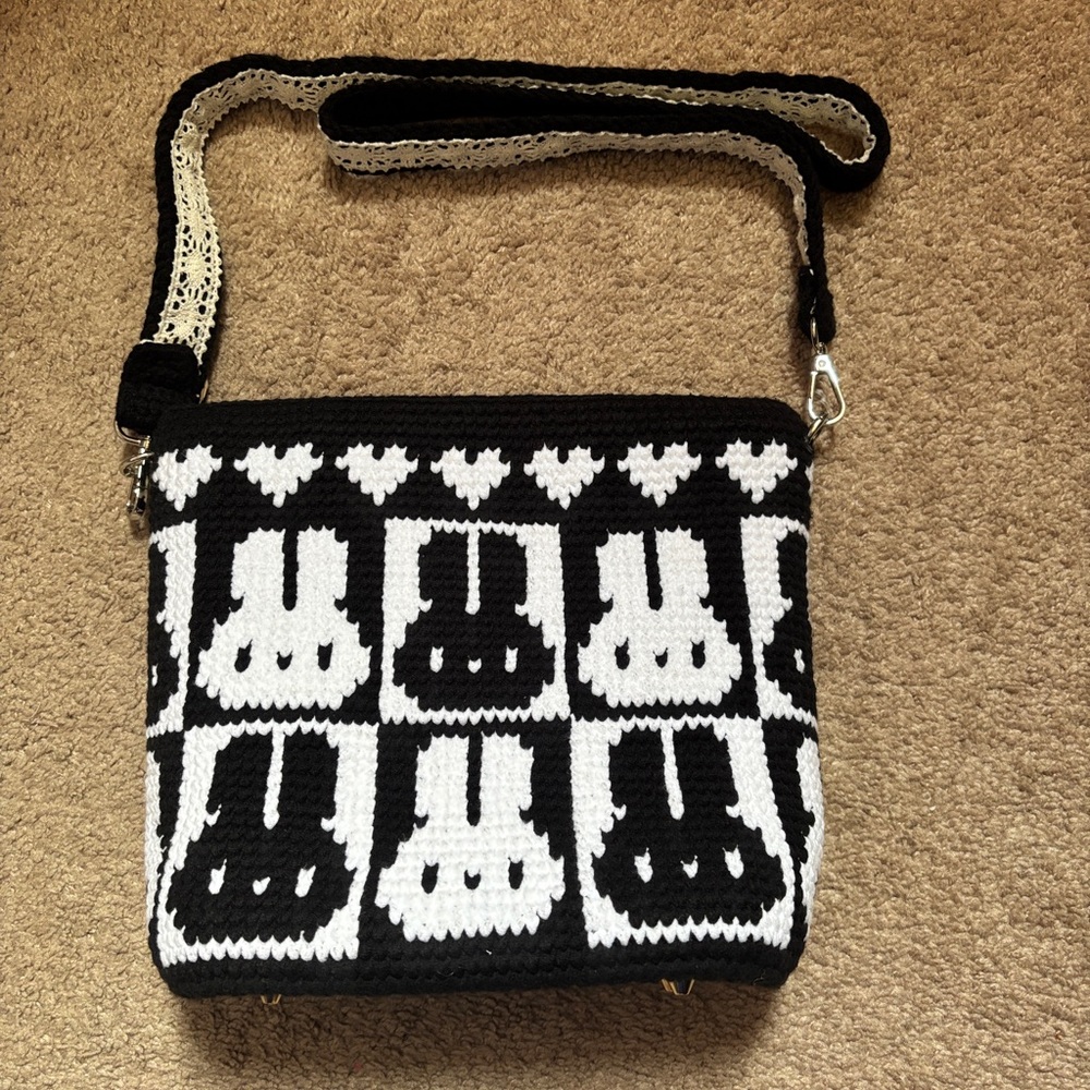 Black & White Crochet Bunny Crossbody Bag